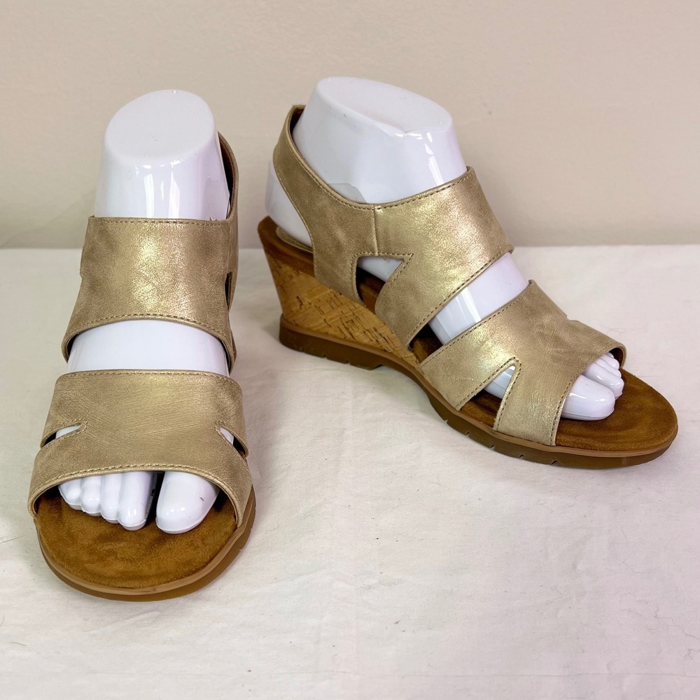 Eurosoft Sadra Wedge Sandals 7M Gold Metallic Cork Heel Strappy Comfort Shoes
